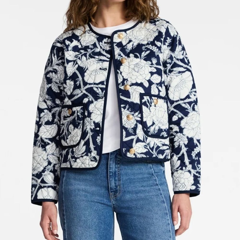 Time and Tru Women's Navy Floral Quilted Cotton Jacket Size Xl New with tags